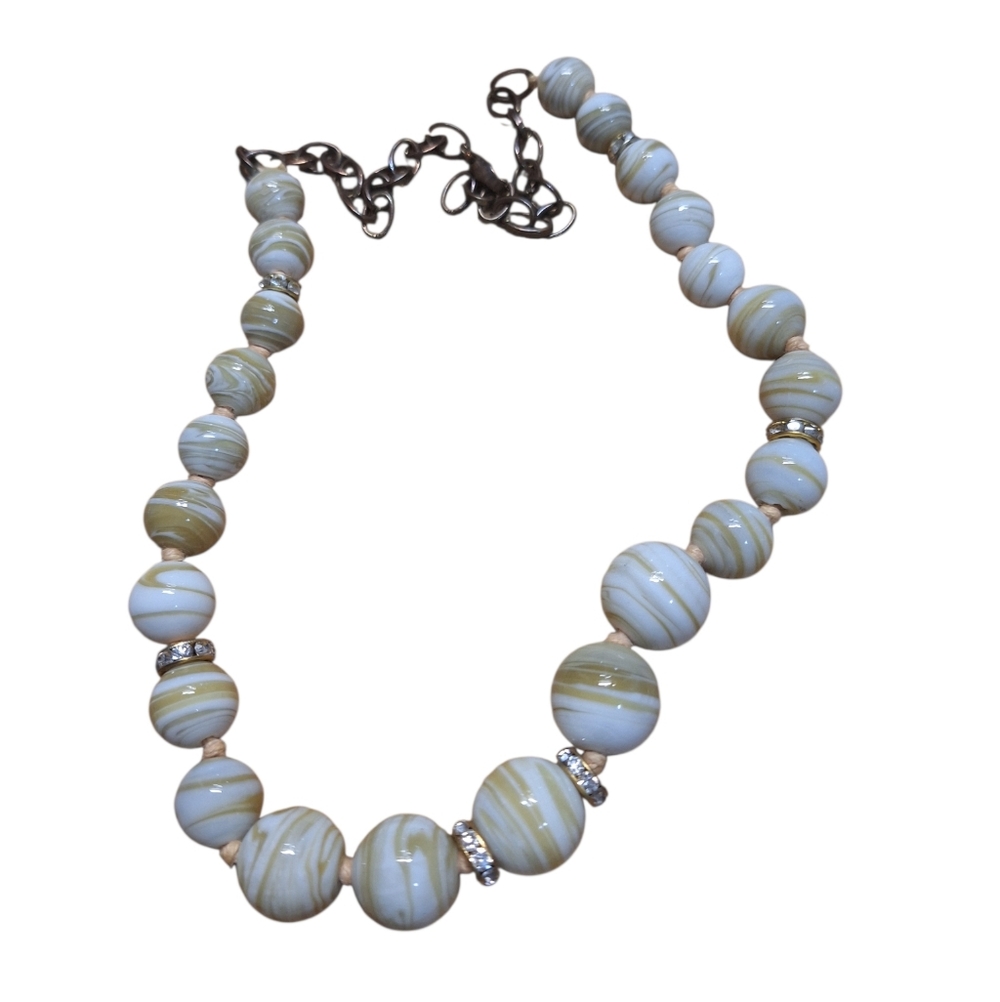 Vintage Natural Marble Stone Beaded Necklace Graduated Green & Ivory Statement